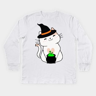 Cute white cat is a witch Kids Long Sleeve T-Shirt